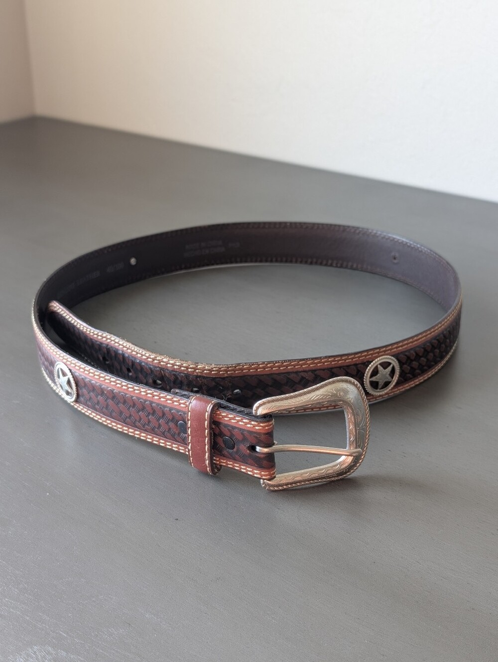 Men's Brown Genuine Leather Braided Western Belt Star Conchos Size 47" Long